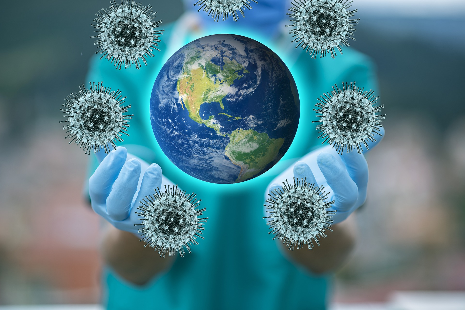 person in hospital gown and gloves juggling covid virus graphics and an earth